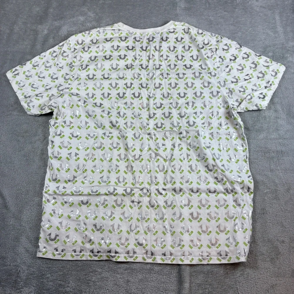True Religion Shirt Men XXXL All Over Logo Horseshoe Graphic White Silver Green